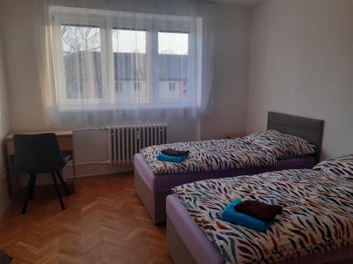 a bedroom with two beds and a desk and a window at Apartmán Mírová in Nové Město na Moravě