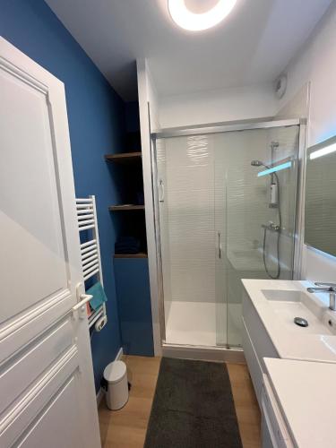 une salle de bain avec une douche en verre et un lavabo dans l'établissement Appartement Le POULIGUEN, au Pouliguen