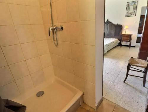 a bathroom with a shower with a tub at Charmante maison en Camargue avec piscine partagée in Saintes-Maries-de-la-Mer