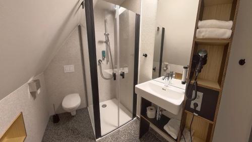 a bathroom with a sink and a shower and a toilet at Das Kittchen in Wismar