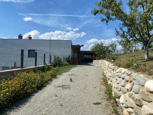a path next to a stone wall next to a building at Mountain View PM in Poiana Mărului
