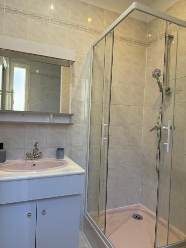 une salle de bain avec douche et lavabo dans l'établissement Rose Arlésien, à Arles