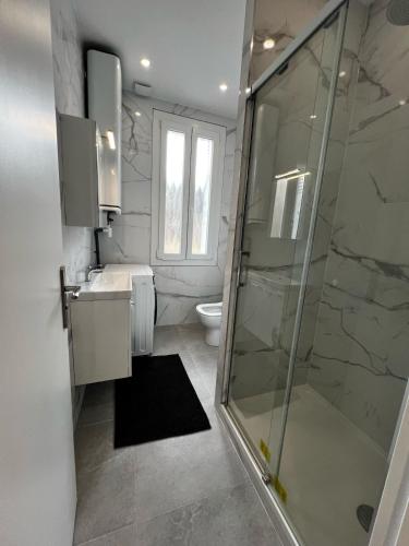 une salle de bain avec une douche, un lavabo et des toilettes dans l'établissement 2-room apartment Argenteuil, à Argenteuil