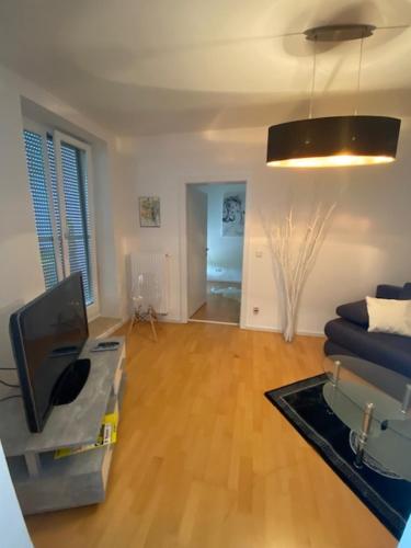 a living room with a couch and a television at FERIEN DOMIZIL Neusiedlersee in Breitenbrunn