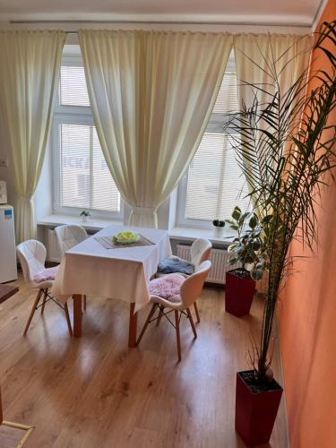 a living room with a table and chairs and windows at Pension U pálenice in Hrabětice