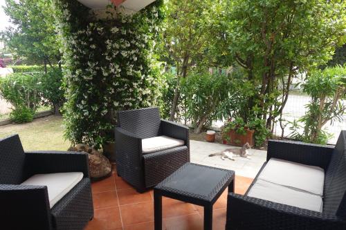 a patio with chairs and a dog walking on a patio at Vacanze a Villa Ortensia in San Teodoro