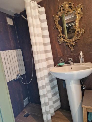 a bathroom with a sink and a shower curtain at Casa de Aldeia Vale do Mondego in Guarda