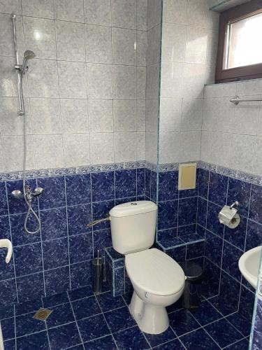 a blue tiled bathroom with a toilet and a sink at Къща за гости Александра in Dobrinishte