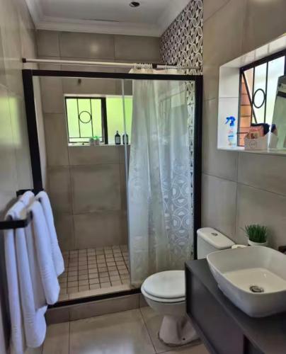 a bathroom with a shower and a toilet and a sink at The mighty Sleep in Pretoria