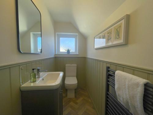 a bathroom with a sink and a toilet and a mirror at Fern Cottage in Portinscale