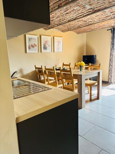 a kitchen and dining room with a table and chairs at Le gîte du faubourg in Sautour