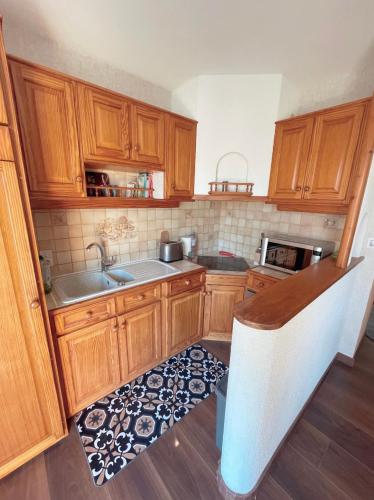 une cuisine avec des placards en bois et un tapis dans l'établissement Appartement entre lac et montagne, à Thonon-les-Bains