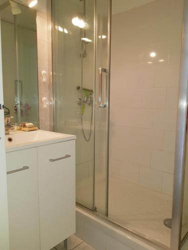 une salle de bain blanche avec une douche et un lavabo dans l'établissement Appartement 4 personnes avec terrasse, parking et piscine collective - V0784, à Vias