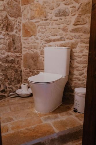 a white toilet in a room with a stone wall at Ewas Cretan Vintage Houses- Pet Friendly in Kharkhalianá