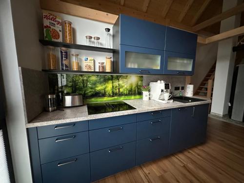 a kitchen with blue cabinets and a fish tank at Der Welfenshof in Malschwitz