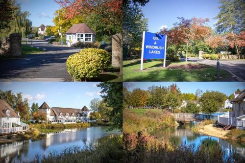 a collage of four pictures of houses and a river at Luxury Kingfisher Lodge, Isis Lake, within the Cotswold Waterpark in Cirencester