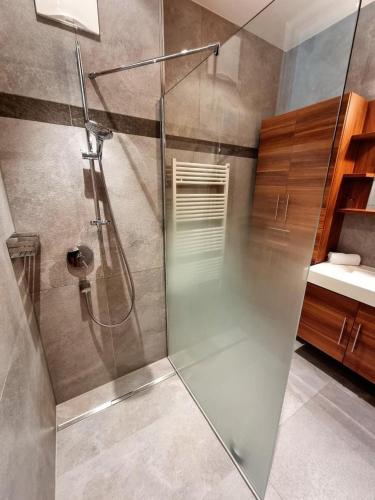 a shower with a glass door in a bathroom at Appartement Berghof "Dettis Place" in Gerlos