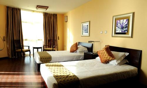 a hotel room with two beds and a window at Destiny Addis Hotel in Addis Ababa