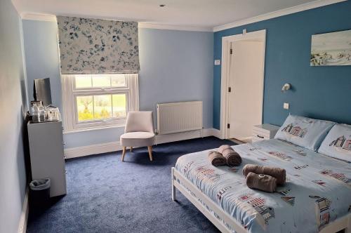 a blue bedroom with a bed and a chair at Ensuite Double Room with Countryside Views in Cranleigh
