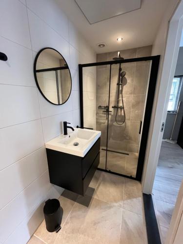 a bathroom with a sink and a shower at KIMZ Bed & Breakfast in Echt