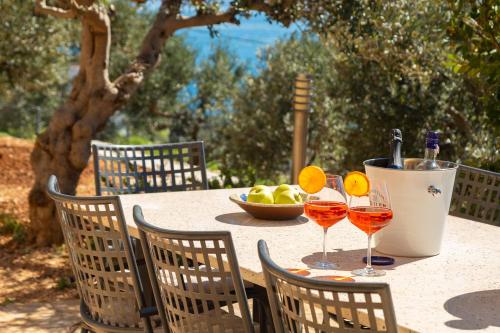 a table with two glasses of wine and a bowl of fruit at Casa Malinas in Stanići