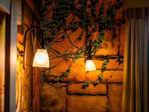 two lights hanging from a stone wall with ivy at Chessington Resort Hotel in Chessington