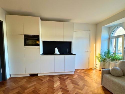 a living room with a kitchen with white cabinets at Isaak Apartment Löwenbau E1-W06 in Waldshut-Tiengen