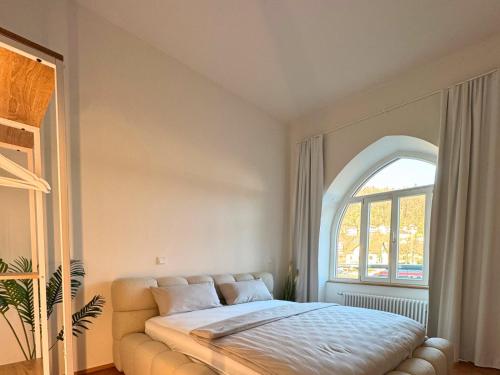 a bedroom with a bed with an arched window at Isaak Apartment Löwenbau E1-W06 in Waldshut-Tiengen