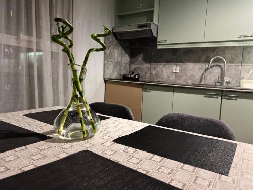 a vase with a plant in it sitting on a table at Cosy 3 bed bungalow in Dublin in Lucan