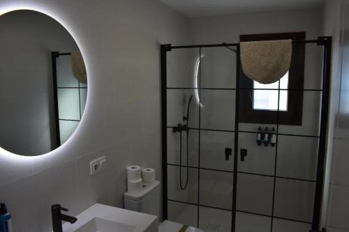 a bathroom with a shower and a sink with a mirror at Apartamentos Molinos in Constantina