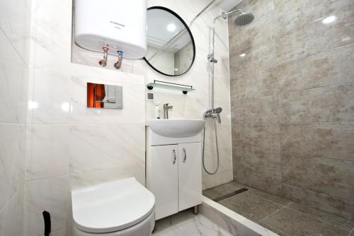 キシナウにある2 bedroom with balcony on Negruzziのトイレ、洗面台、シャワー付きのバスルーム