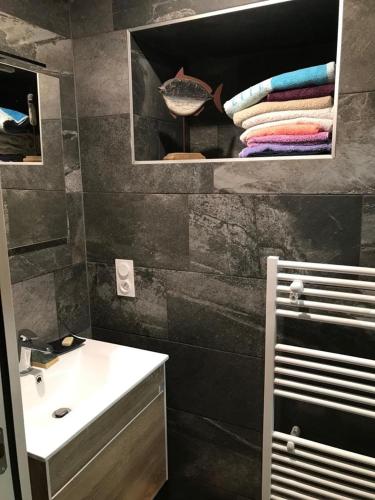 une salle de bain avec un lavabo et une étagère avec des serviettes dans l'établissement Beautiful ground floor opening onto private pool, à Lancieux