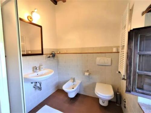 a bathroom with a sink and a toilet and a mirror at FATTORIA L'OTTAVO l'8 LARGE WINE AND OIL PRODUCERS in Lucolena in Chianti