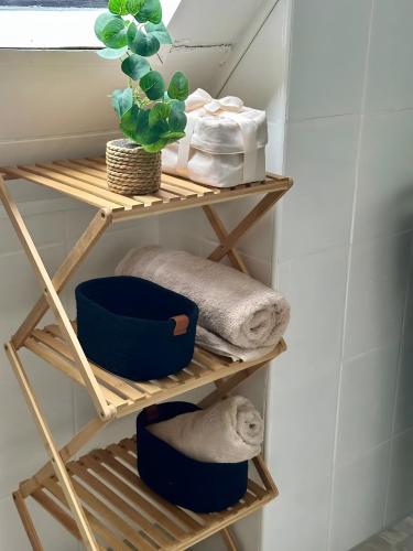 a wooden shelf with towels and a plant in a bathroom at D D B Haus in Arnstein