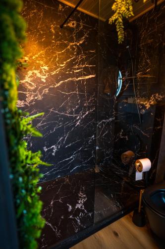 a bathroom with a black marble counter top at The Altitude Cabin Resort in Măguri