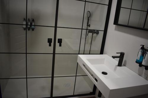 a bathroom with a shower and a white sink at Apartamentos Molinos in Constantina