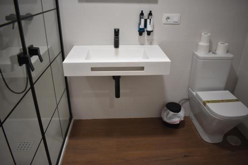 a bathroom with a white sink and a toilet at Apartamentos Molinos in Constantina