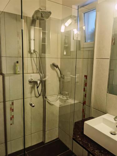 a bathroom with a shower and a sink at Frühstück pension in Langenlebarn