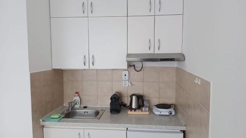 a kitchen with white cabinets and a sink at Apartmány Bryksova in Prague