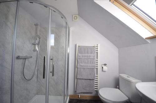 a bathroom with a shower and a toilet at The Chalet is pet friendly on a farm near Malvern in Welland