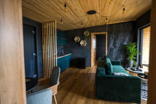a living room with a green couch and blue cabinets at The Altitude Cabin Resort in Măguri