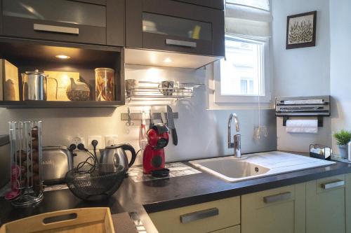 une cuisine avec un évier et un plan de travail dans l'établissement Cosy and quiet apartment in Paris, à Paris