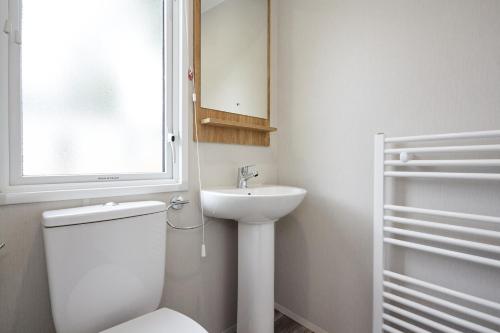 a bathroom with a toilet and a sink and a window at Campsie Glen Holiday Park in Glasgow