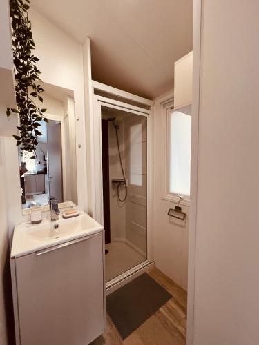 une salle de bain blanche avec un lavabo et une douche dans l'établissement Mobil Home MarieVa 