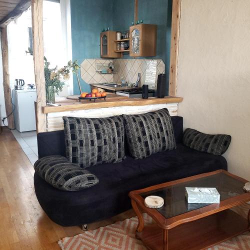 un salon avec un canapé bleu et une table dans l'établissement Charming apartment with a view, à Lyon