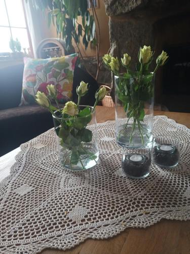 two vases with flowers are sitting on a table at Smocza Chata in Mirsk