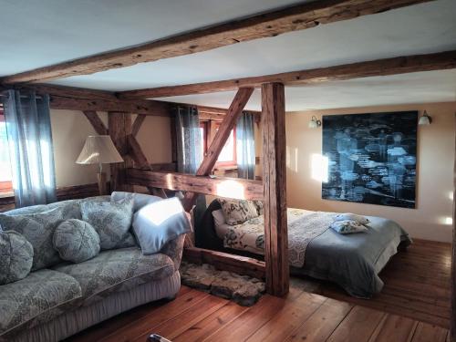 a living room with a couch and a bed at Smocza Chata in Mirsk