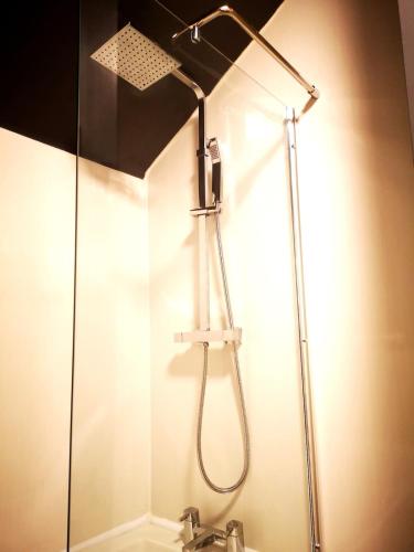 a shower with a shower head in a bathroom at Relaxing Coastal Retreat for 2 Hot Tub Log Fire in Tywyn