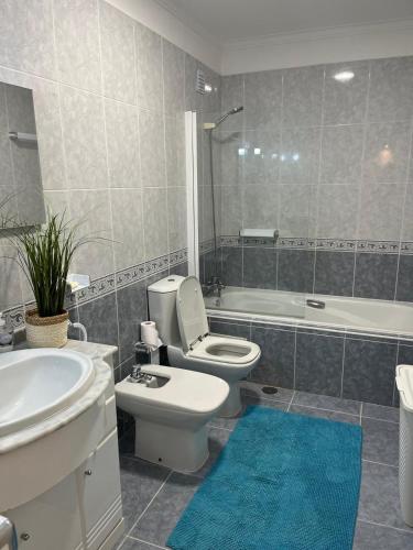 a bathroom with a toilet and a sink and a tub at Ancoravilla in Vila Praia de Âncora