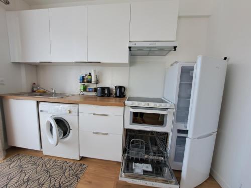 une cuisine avec un réfrigérateur et un lave-vaisselle dans l'établissement Studio côté jardin, à Maureillas